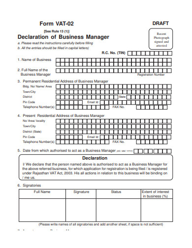 declaration of business manager form template