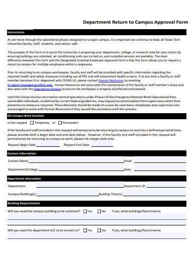 department return to campus approval form template