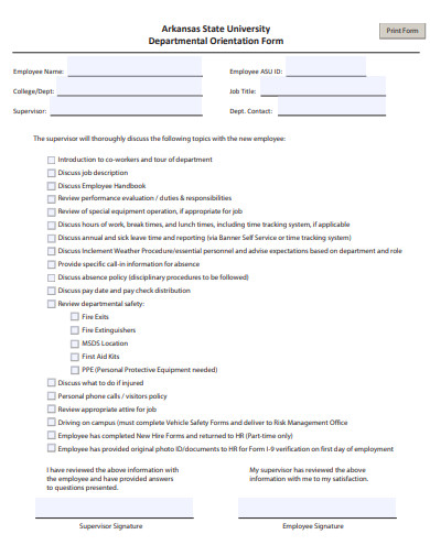 departmental orientation form template