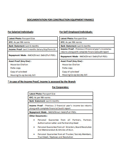 documentation for construction equipment finance template