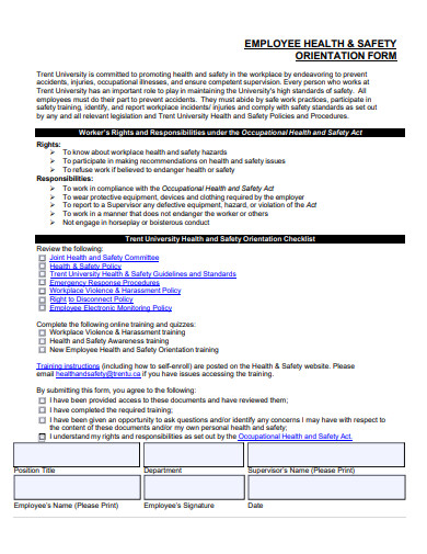 employee health and safety orientation form template