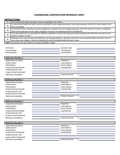 engineering construction reference sheet template