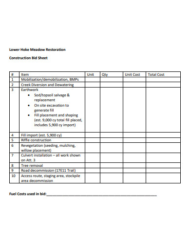 formal construction bid sheet template