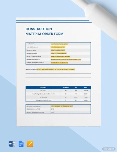free construction material order form template