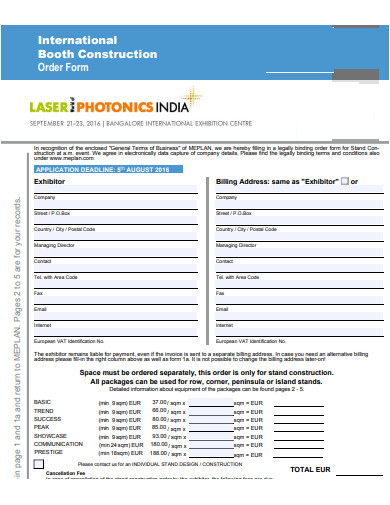 international booth construction order form template