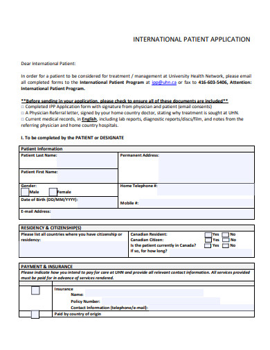 international patient application template