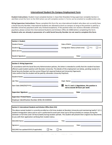 international student on campus employment form template