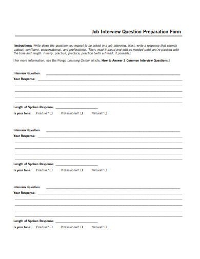 job interview question preparation form template