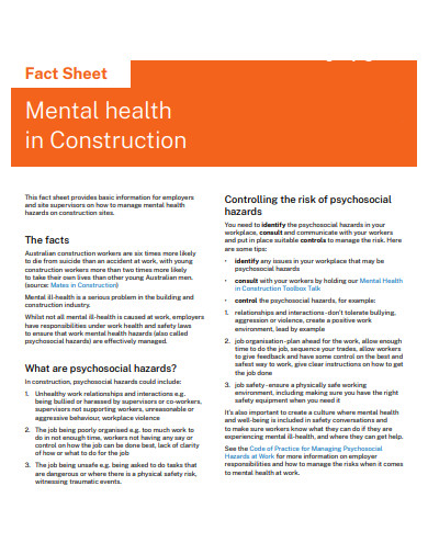 mental health in construction fact sheet template