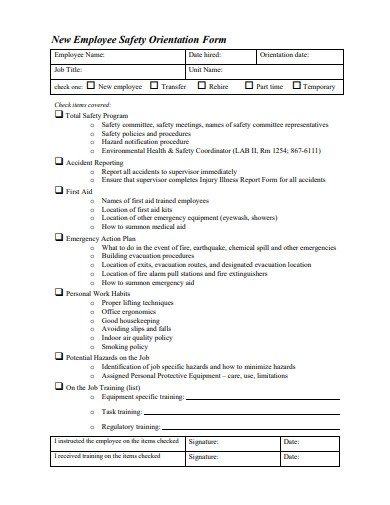 new employee safety orientation form template