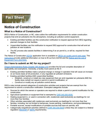 notice of construction fact sheet template