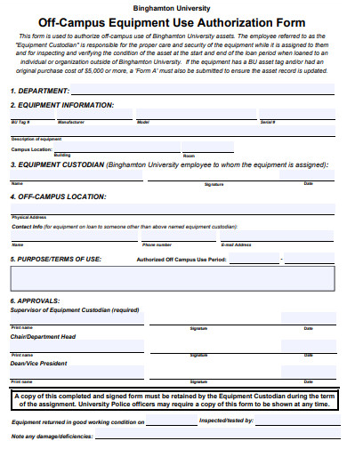 off campus equipment use authorization form template
