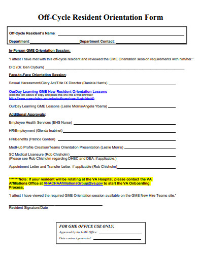 off cycle resident orientation form template