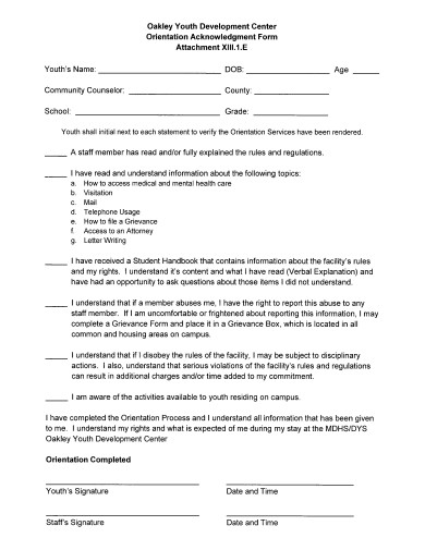 orientation acknowledgment form template