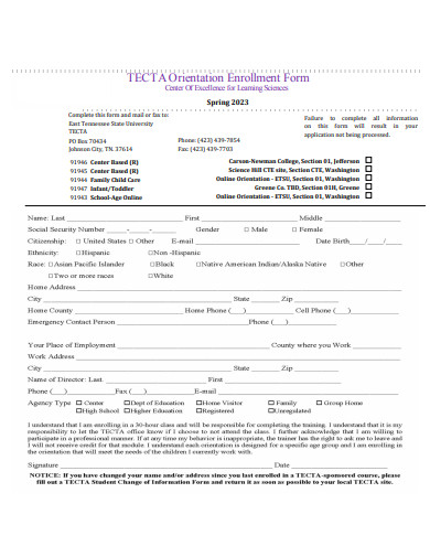 orientation enrollment form template