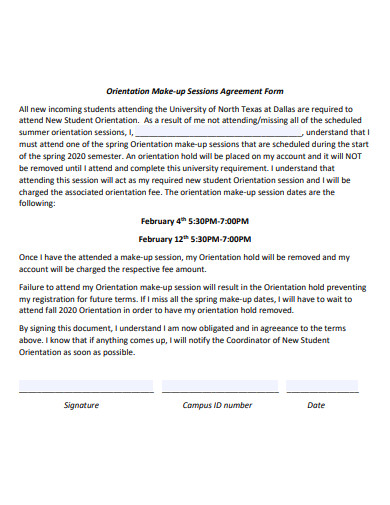 orientation make up sessions agreement form template
