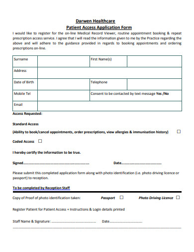 patient access application form template