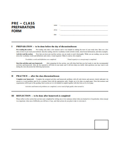 pre class preparation form template