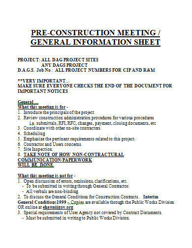 pre construction meeting information sheet template
