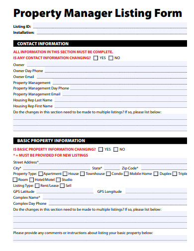 property manager listing form template