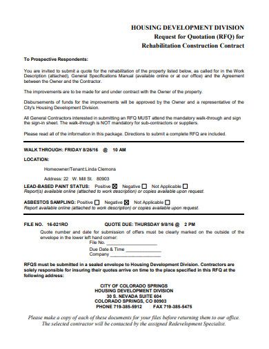 rehabilitation construction contract request for quotation template