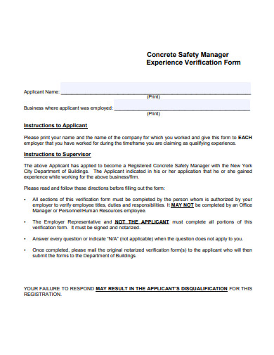 safety manager experience verification form template