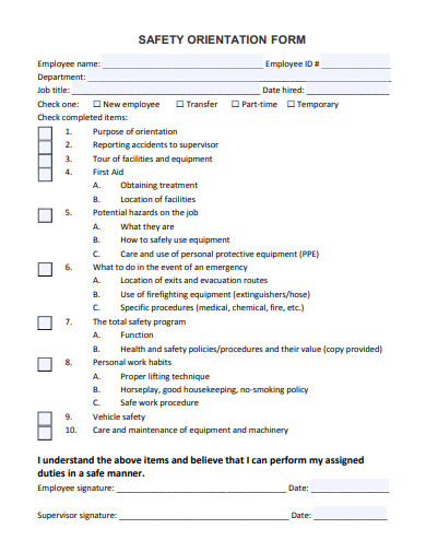safety orientation form template
