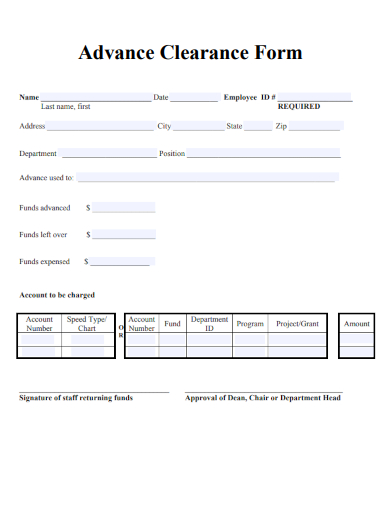 sample advance clearance form template