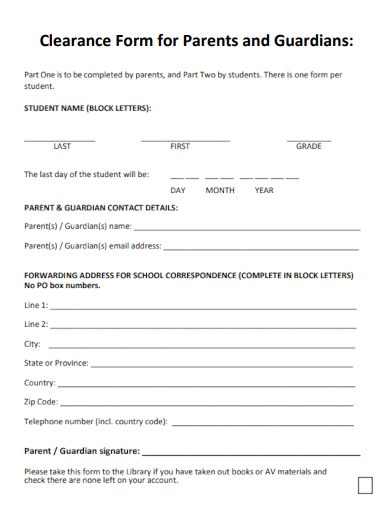sample clearance form for parents and guardians template