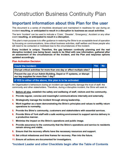 sample construction business continuity plan template