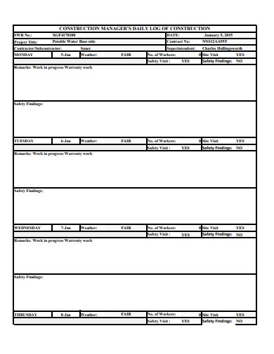 sample construction managers daily log template