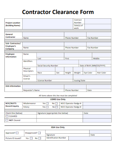sample contractor clearance form template