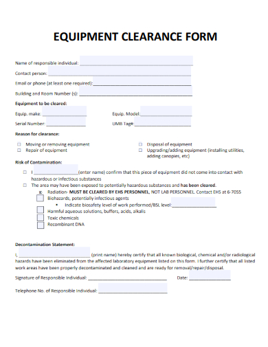 sample equipment clearance form template