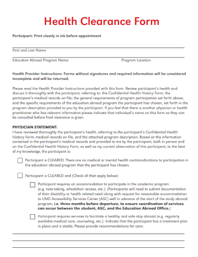 sample health clearance form template