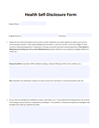 sample health self disclosure form template