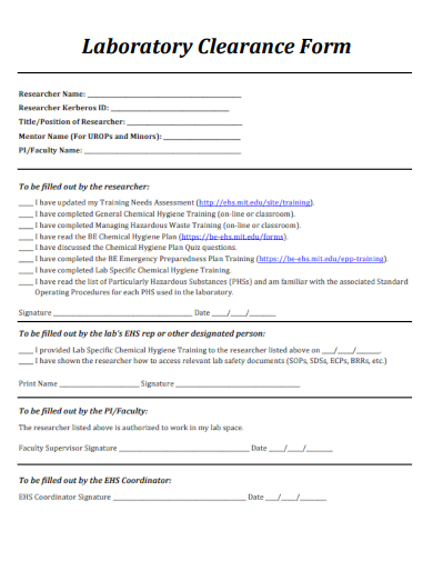 sample laboratory clearance form template