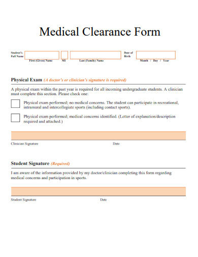 sample medical clearance form template
