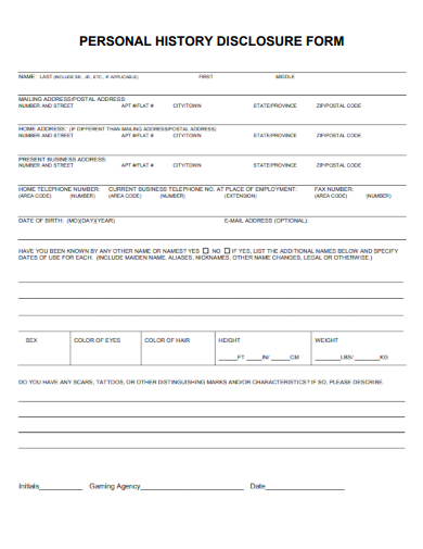 sample personal history disclosure form template