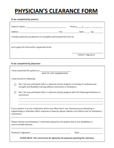 sample physicians clearance form template