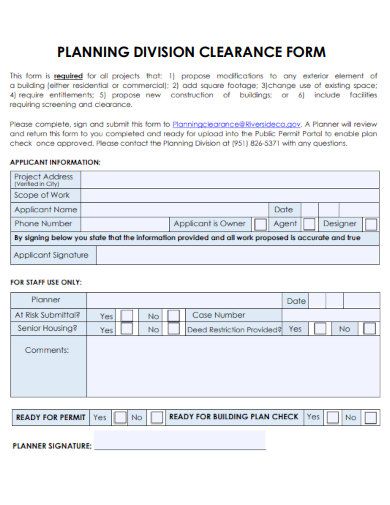 sample planning division clearance form template