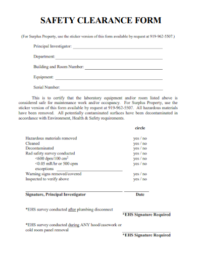 sample safety clearance form template