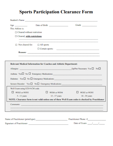 sample sports participation clearance form template