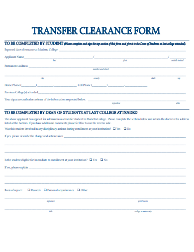 sample transfer clearance form template