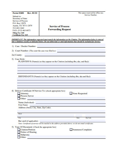 service of process forwarding request form template