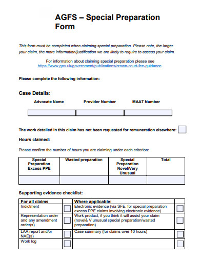 special preparation form template