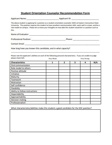 student orientation counselor recommendation form template