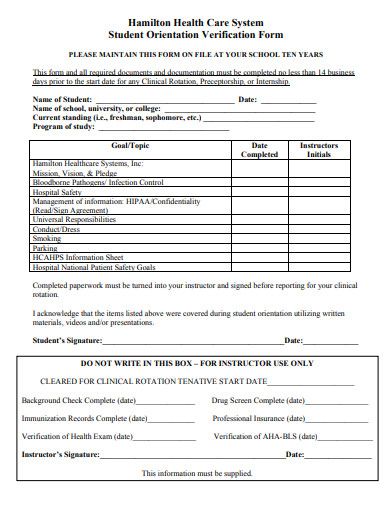 student orientation verification form template