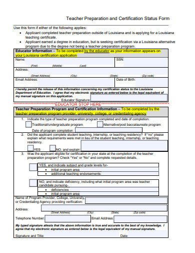 teacher preparation and certification status form template
