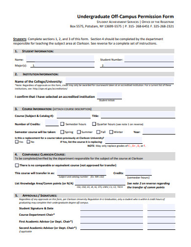 undergraduate off campus permission form template