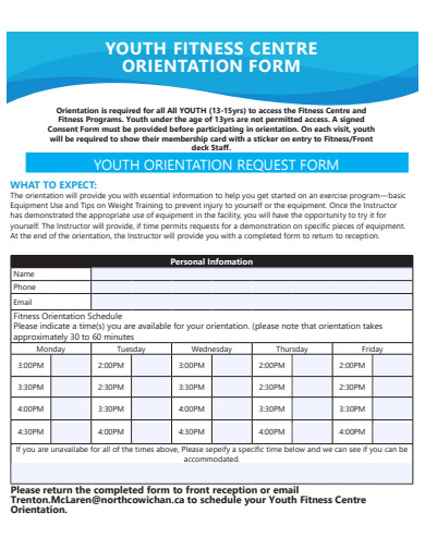 youth fitness centre orientation form template